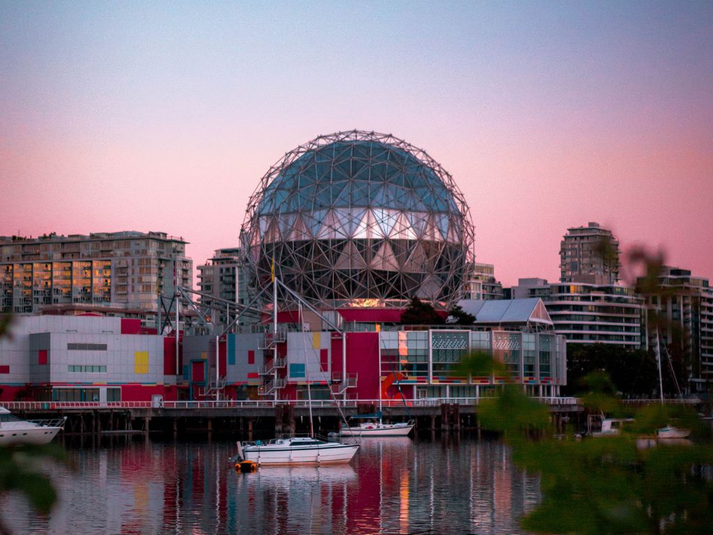The iconic geodesic dome of Science World at TELUS World of Science in Vancouver.